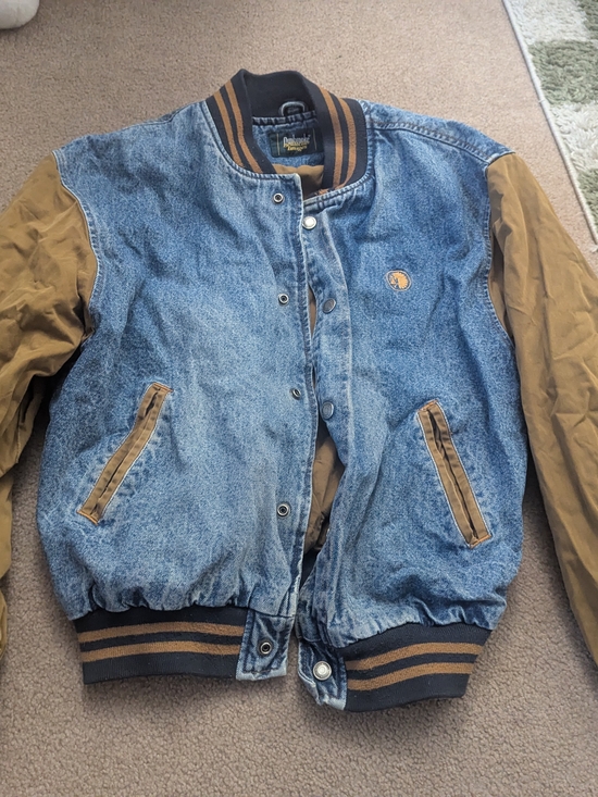 Dunbrooke Other - Dunbrooke Two-Tone Denim Bomber Jacket in Blue and Brown